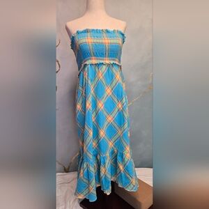 Moda International Blue and Orange Cotton Strapless Sun Dress